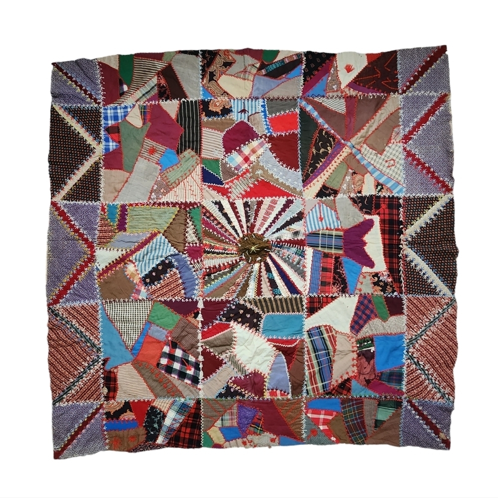 ANTIQUE Crazy Quilt top hand swen cotton quilt top‎ to be finished 65in x 65in